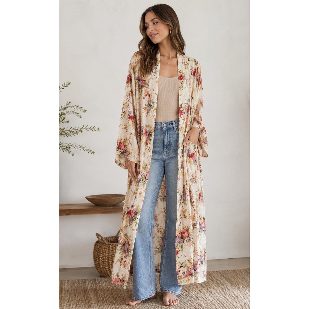 Robert Stock Intimates Womens Vintage 109% Silk Floral Kimono Robe Duster